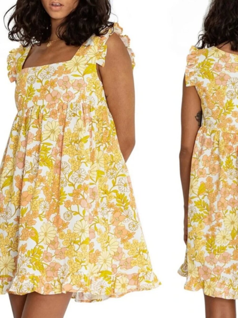 Girl and the Sun Floral Babydoll Dress S Yellow Ruffle Mini Romantic Vacation